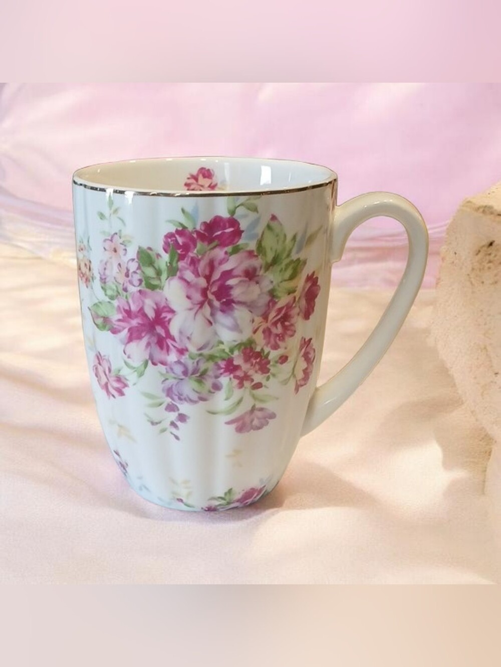 Floral Pink Porcelain Mug with Gold Trim - Elegance